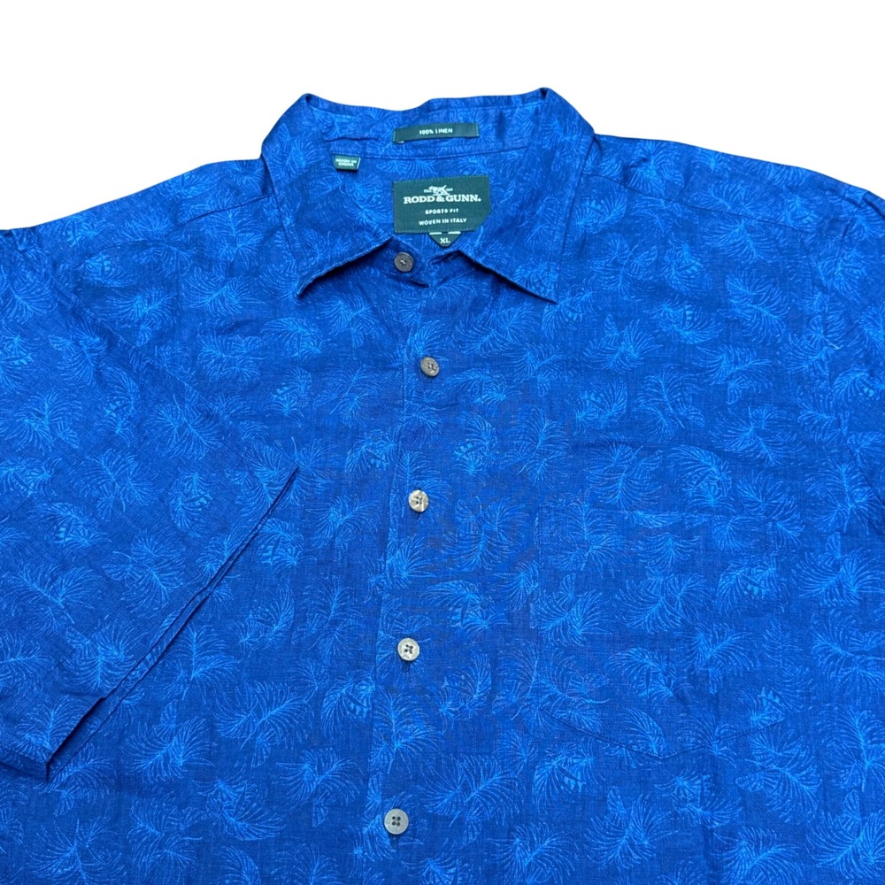Rodd & Gunn Button Down Shirt Mens XL Blue Linen Floral Palm Sports Fit Preppy
